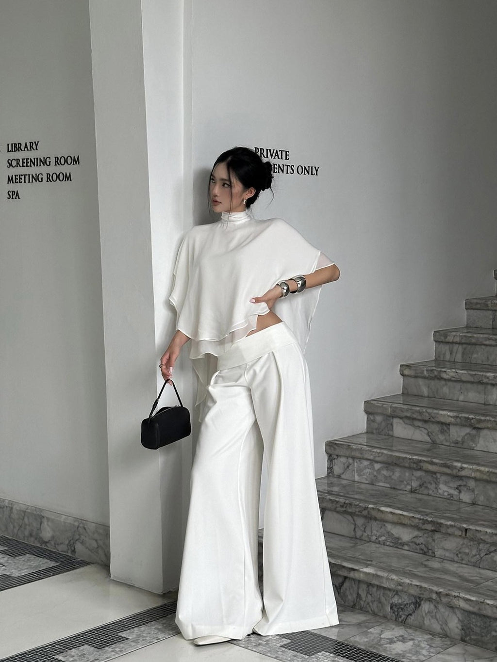 rovente White Draped High Waist Straight Women's Polyester Palazzo Pants