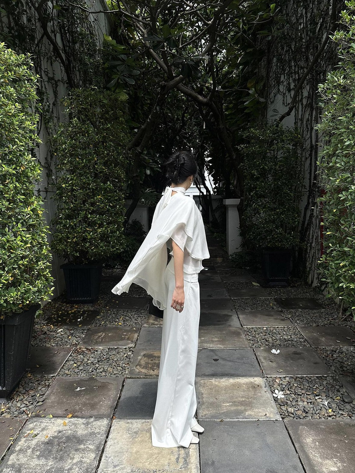 rovente White Draped High Waist Straight Women's Polyester Palazzo Pants