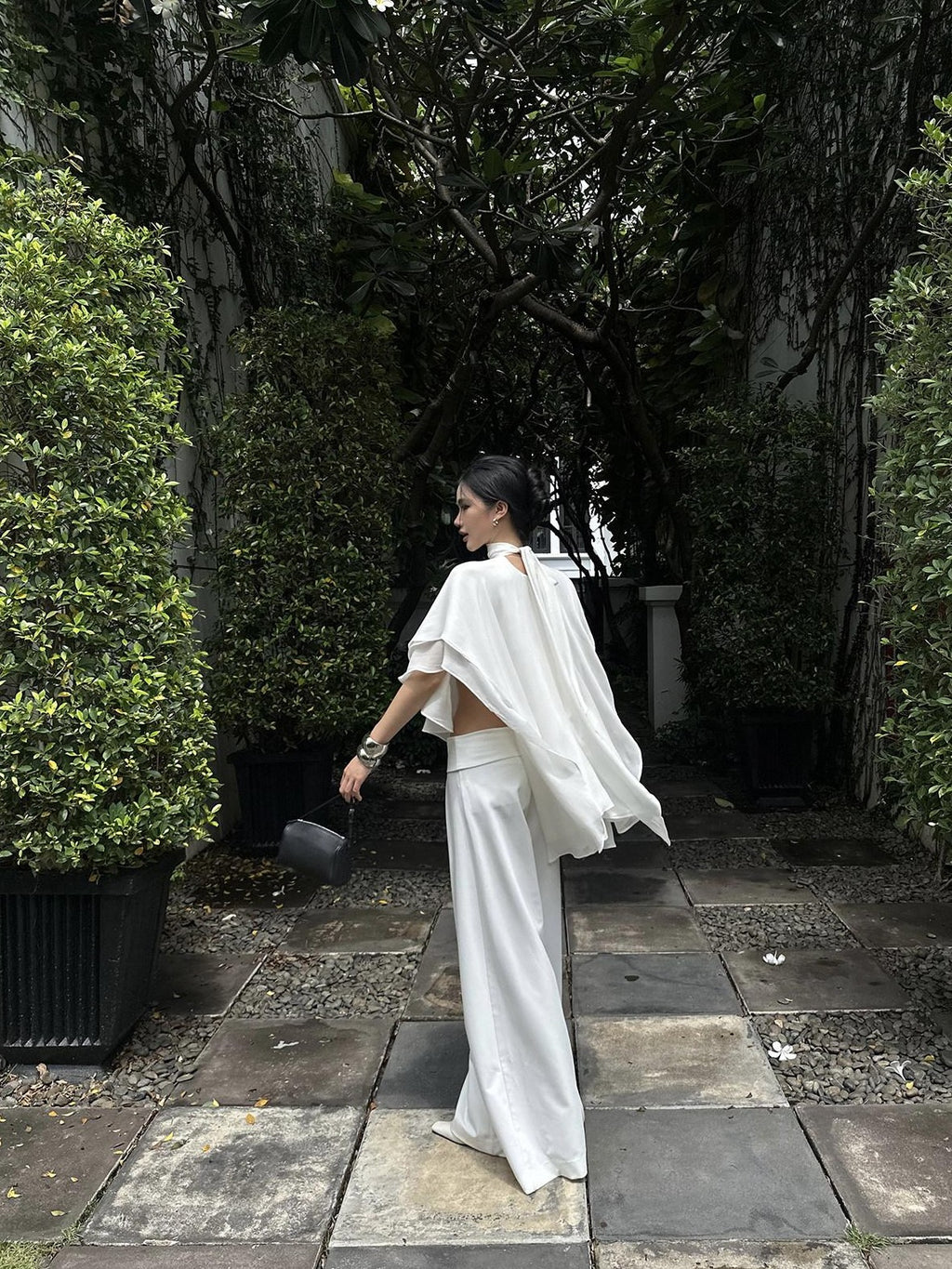 rovente White Draped High Waist Straight Women's Polyester Palazzo Pants