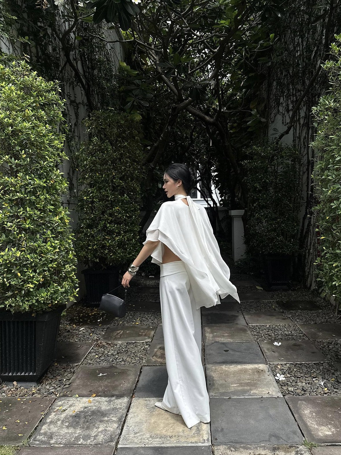 rovente White Draped High Waist Straight Women's Polyester Palazzo Pants