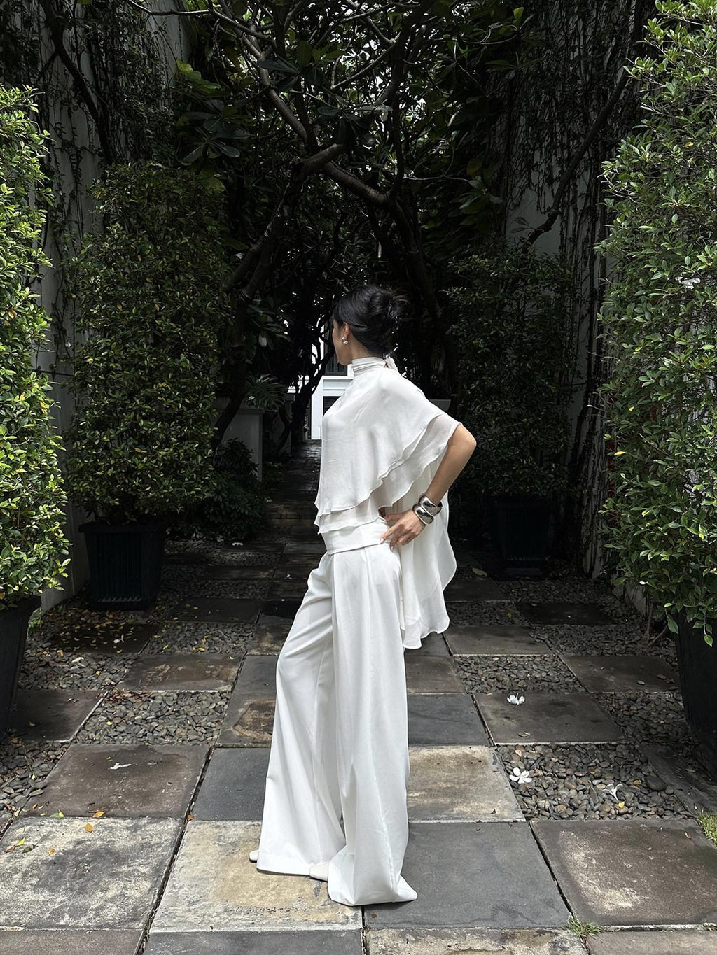 rovente White Draped High Waist Straight Women's Polyester Palazzo Pants