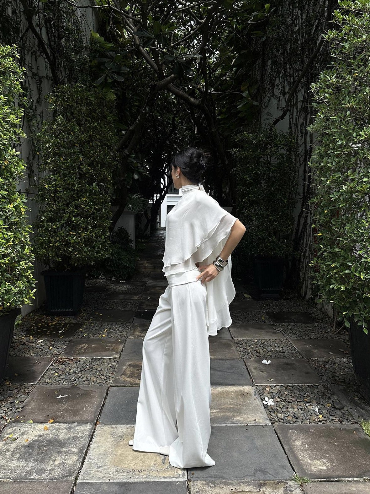 rovente White Draped High Waist Straight Women's Polyester Palazzo Pants