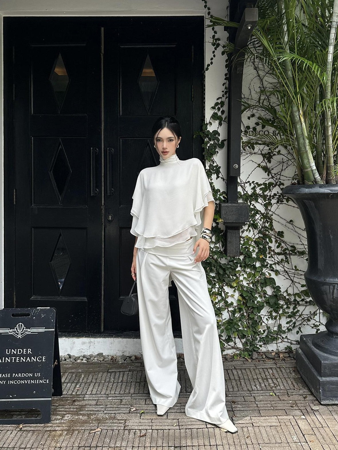 rovente White Draped High Waist Straight Women's Polyester Palazzo Pants