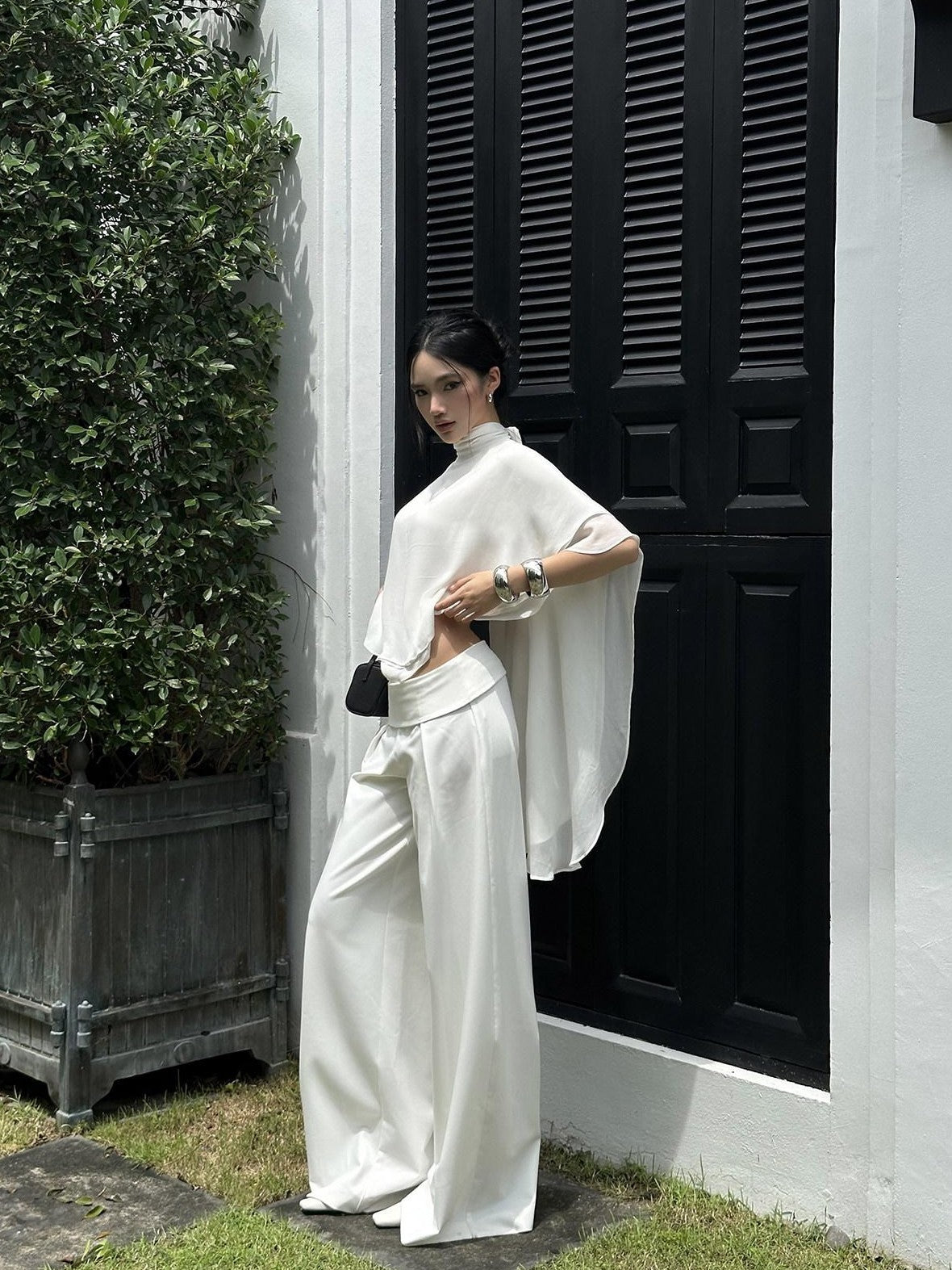rovente White Draped High Waist Straight Women's Polyester Palazzo Pants