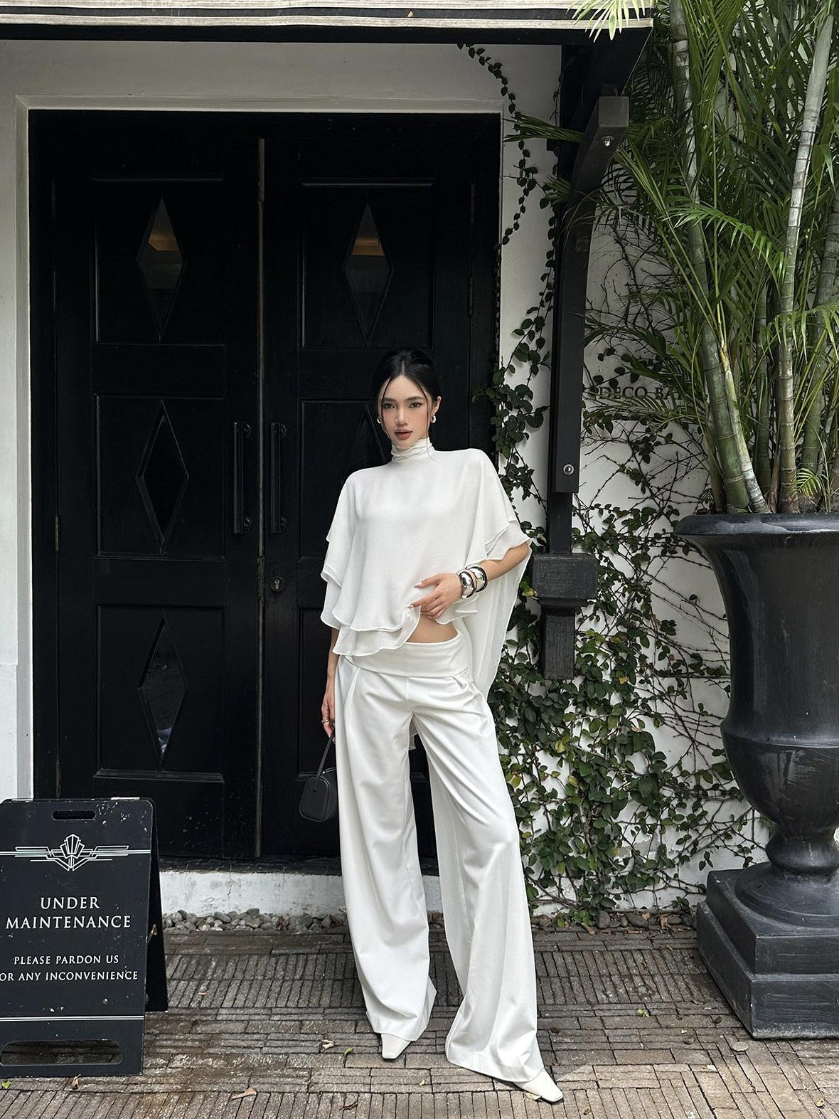 rovente White Draped High Waist Straight Women's Polyester Palazzo Pants