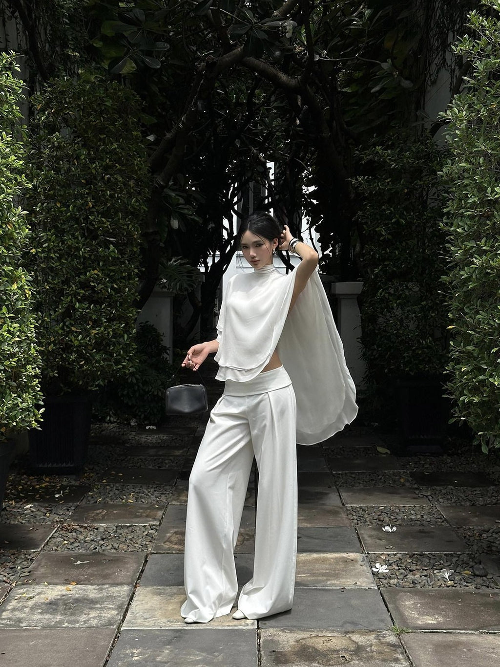 rovente White Draped High Waist Straight Women's Polyester Palazzo Pants