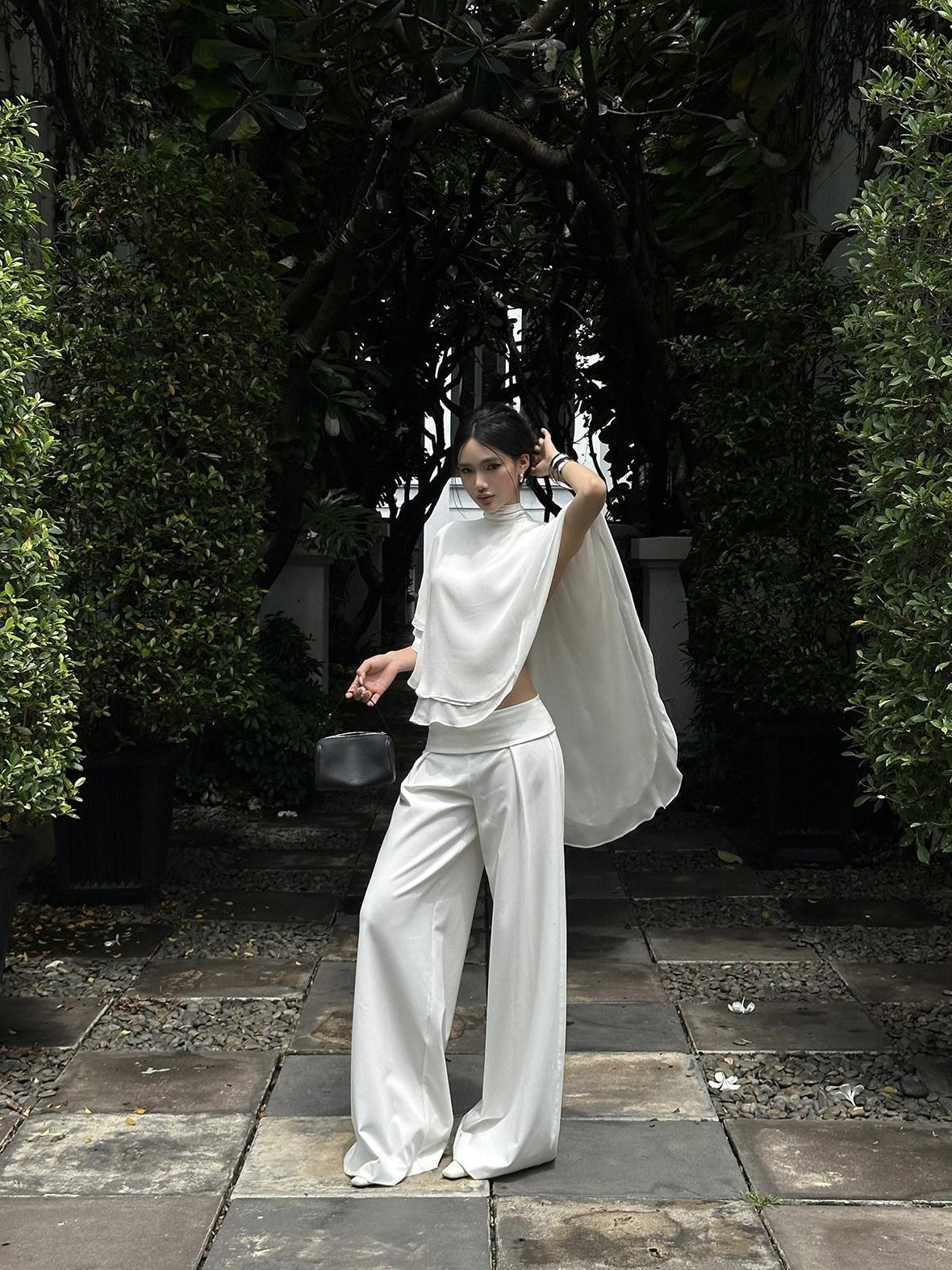 rovente White Draped High Waist Straight Women's Polyester Palazzo Pants
