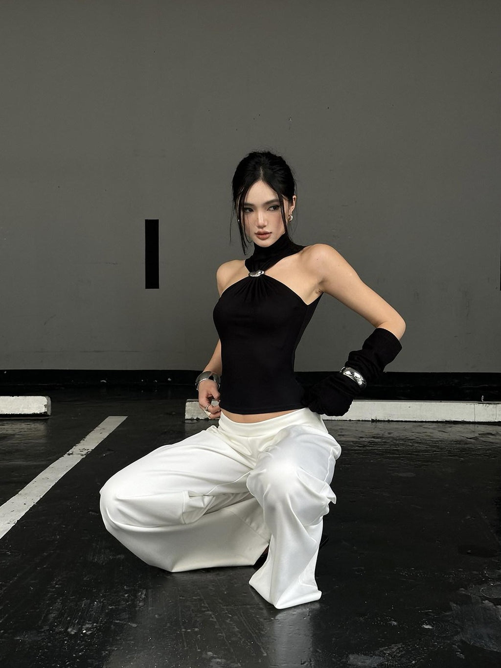 rovente White Draped High Waist Straight Women's Polyester Palazzo Pants