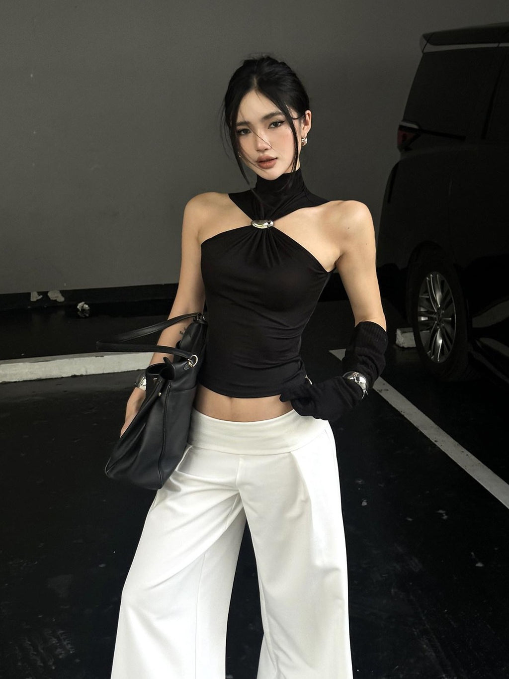 rovente White Draped High Waist Straight Women's Polyester Palazzo Pants