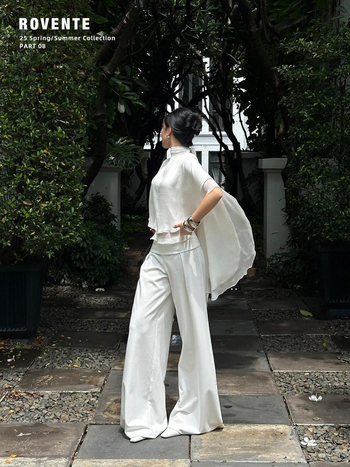 rovente White Draped High Waist Straight Women's Polyester Palazzo Pants