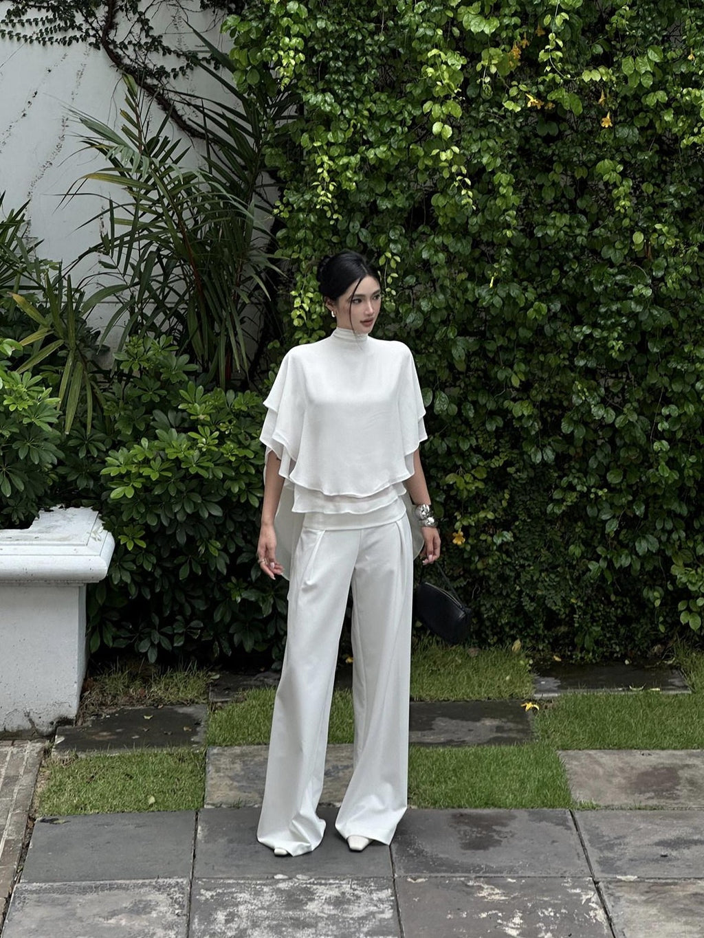 rovente White Draped High Waist Straight Women's Polyester Palazzo Pants