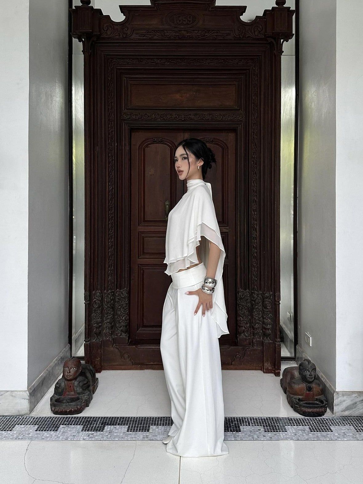 rovente White Draped High Waist Straight Women's Polyester Palazzo Pants