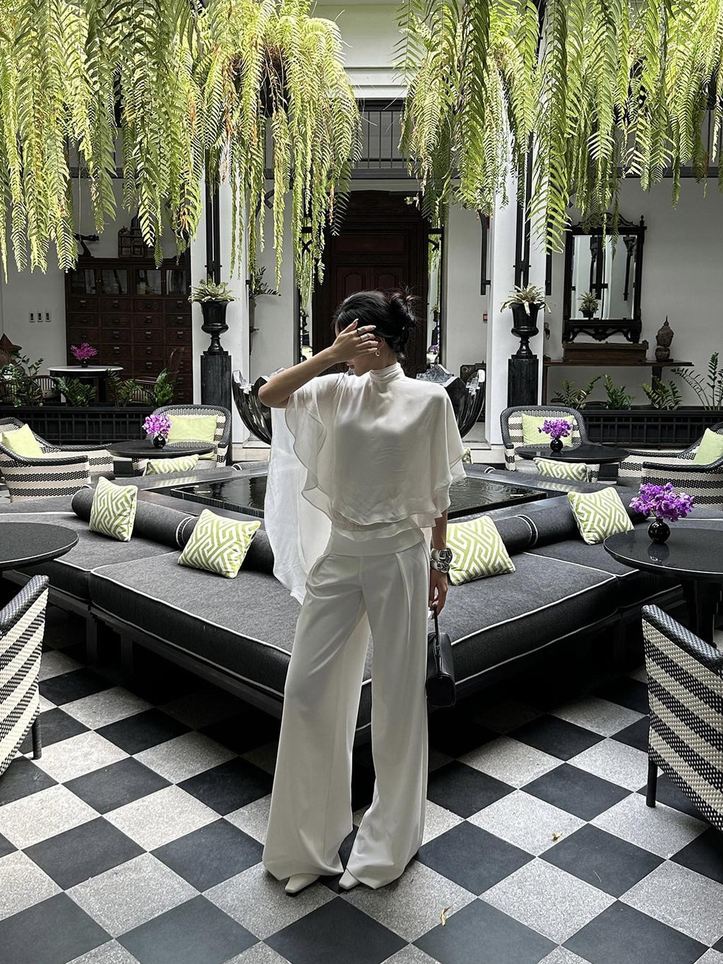 rovente White Draped High Waist Straight Women's Polyester Palazzo Pants