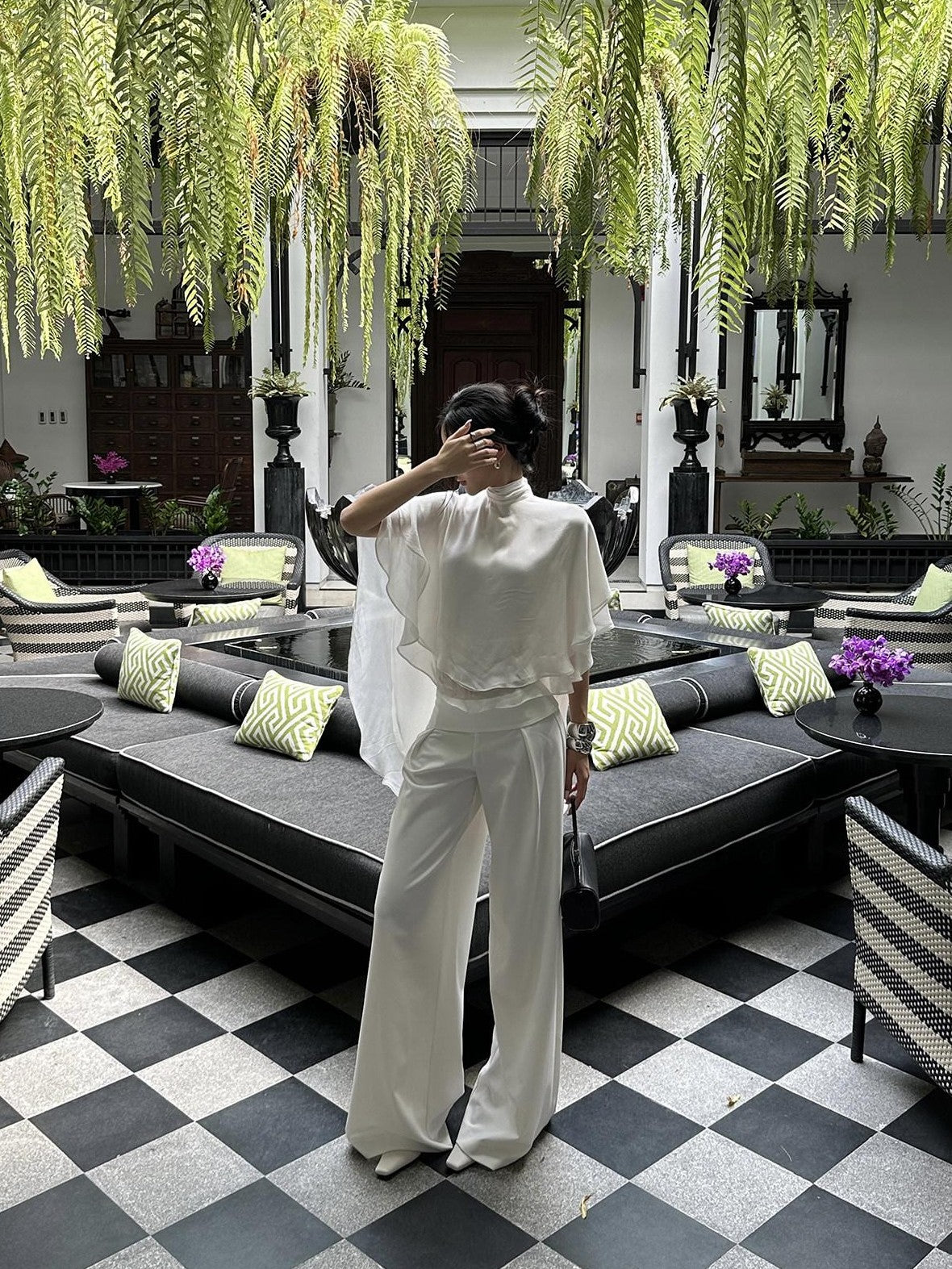 rovente White Draped High Waist Straight Women's Polyester Palazzo Pants