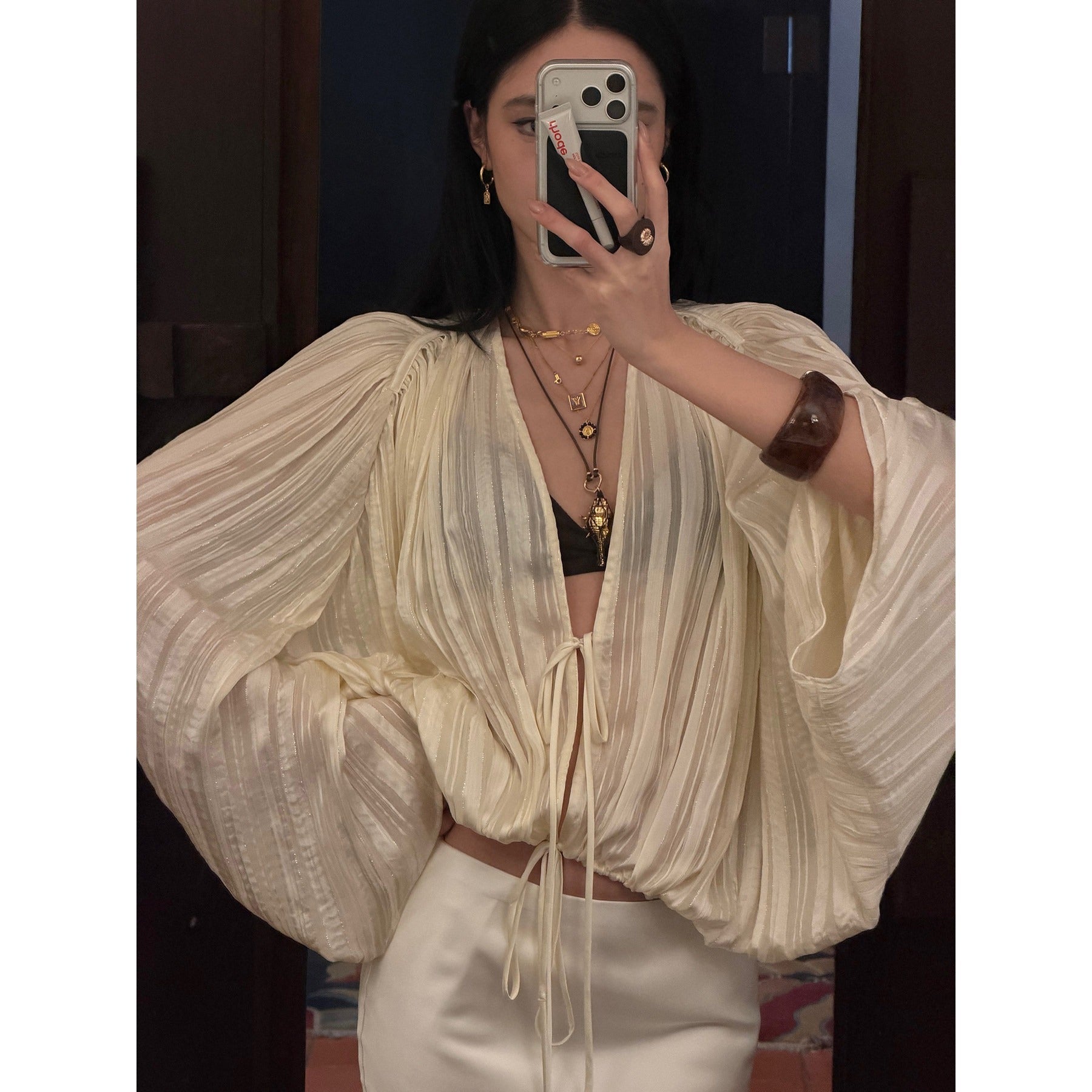 rovente_White_Drawstring_V-neck_Longsleeve_Semi_Sheer_Women's_Polyester_Tie-front_Shirts_1019004131374_MISSTT