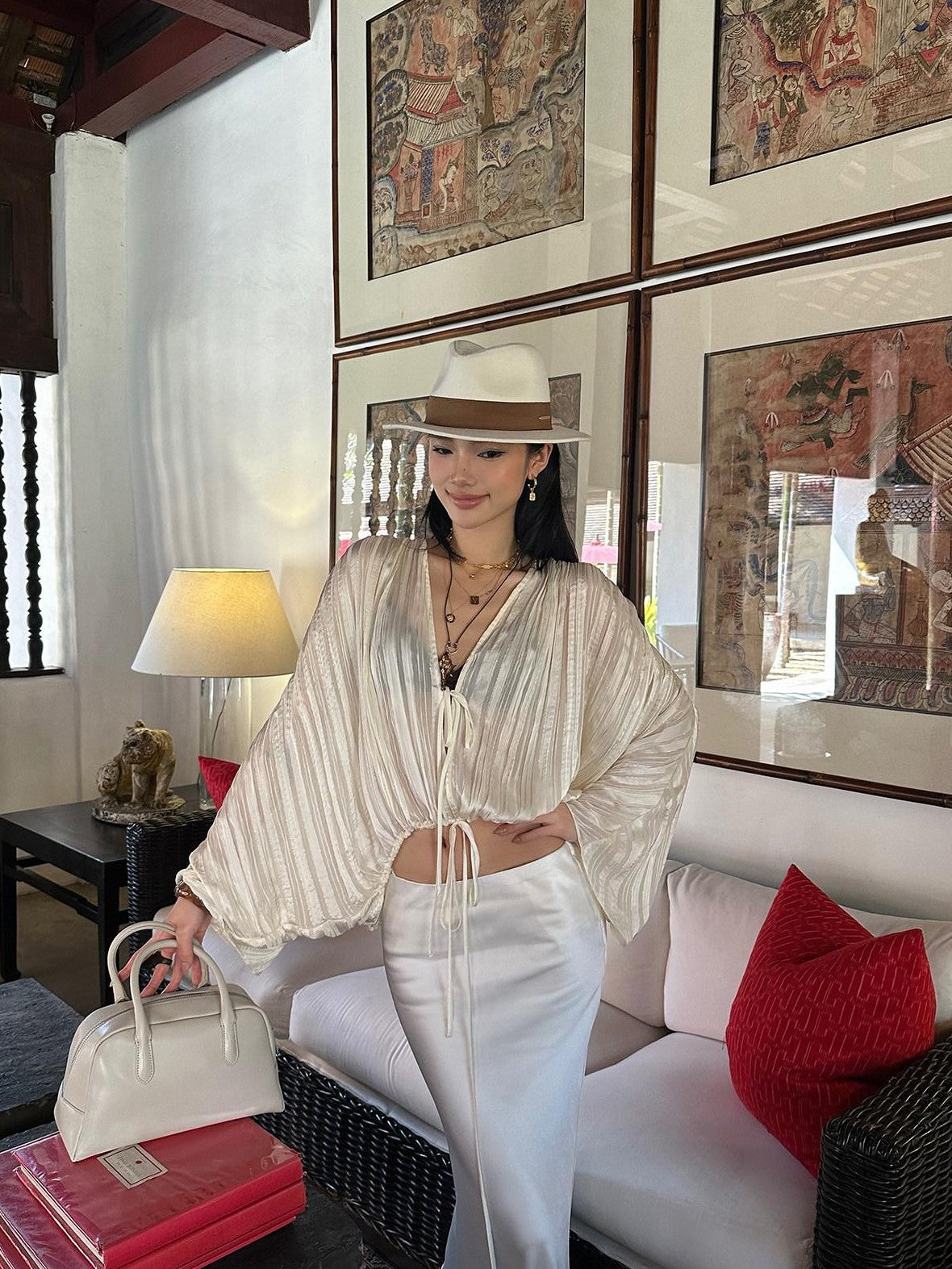 rovente White Drawstring V-neck Longsleeve Semi Sheer Women's Polyester Tie-front Shirts