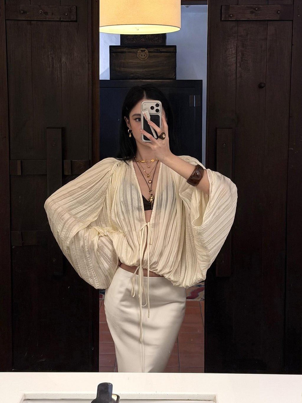 rovente White Drawstring V-neck Longsleeve Semi Sheer Women's Polyester Tie-front Shirts
