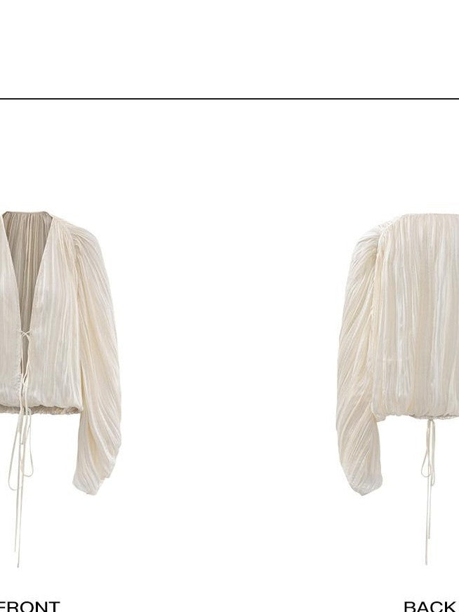 rovente White Drawstring V-neck Longsleeve Semi Sheer Women's Polyester Tie-front Shirts