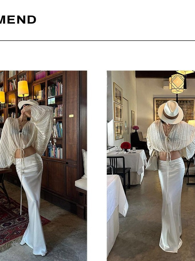 rovente White Drawstring V-neck Longsleeve Semi Sheer Women's Polyester Tie-front Shirts