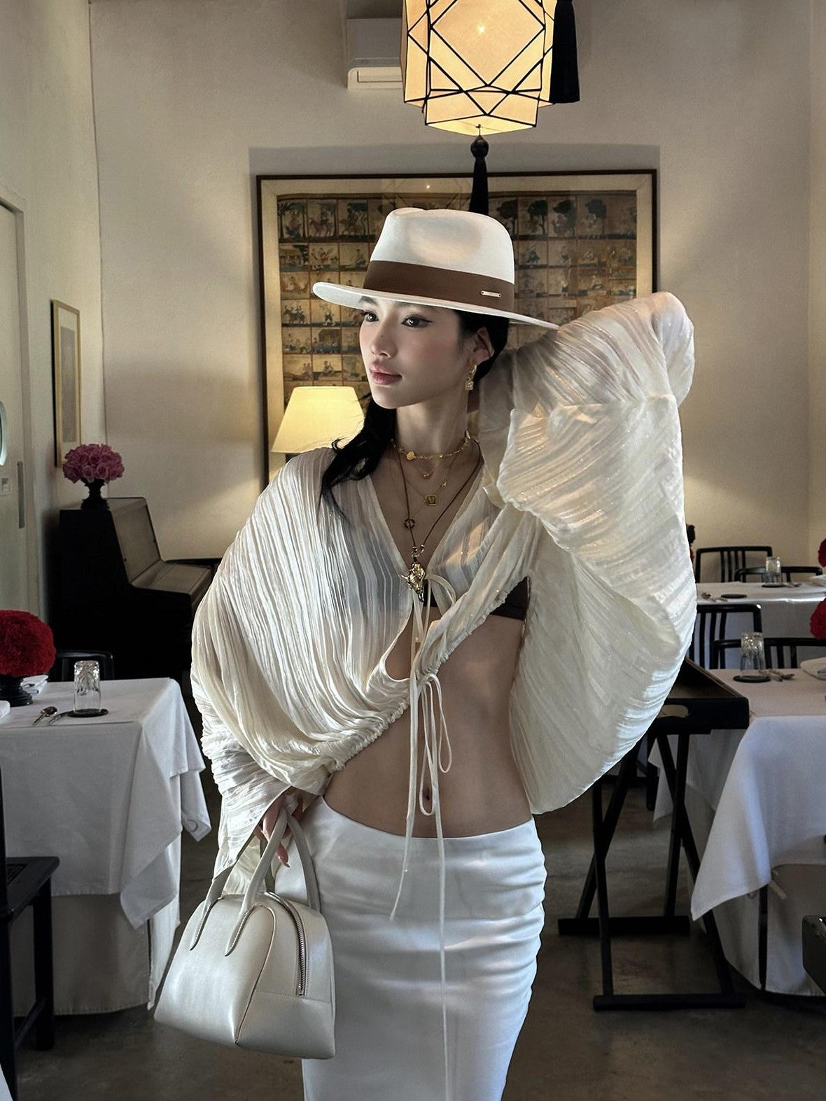 rovente White Drawstring V-neck Longsleeve Semi Sheer Women's Polyester Tie-front Shirts