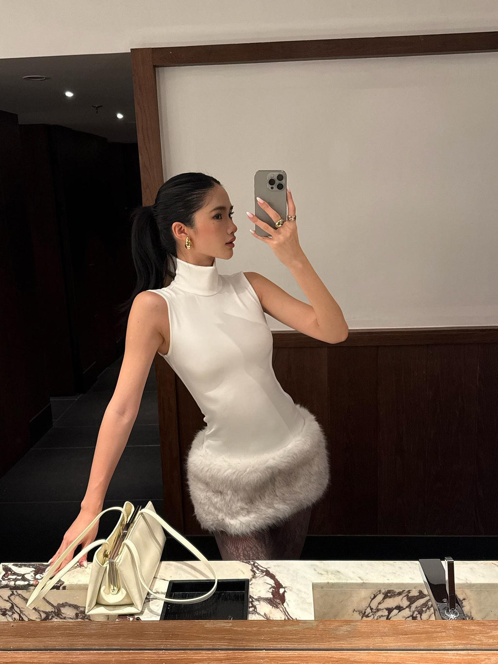 rovente White High Neck Sleeveless Knit Slim Fit Women's Bodycon Mini Dresses