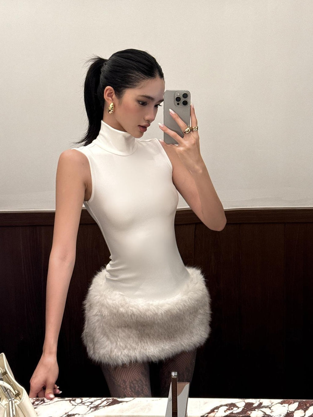 rovente White High Neck Sleeveless Knit Slim Fit Women's Bodycon Mini Dresses