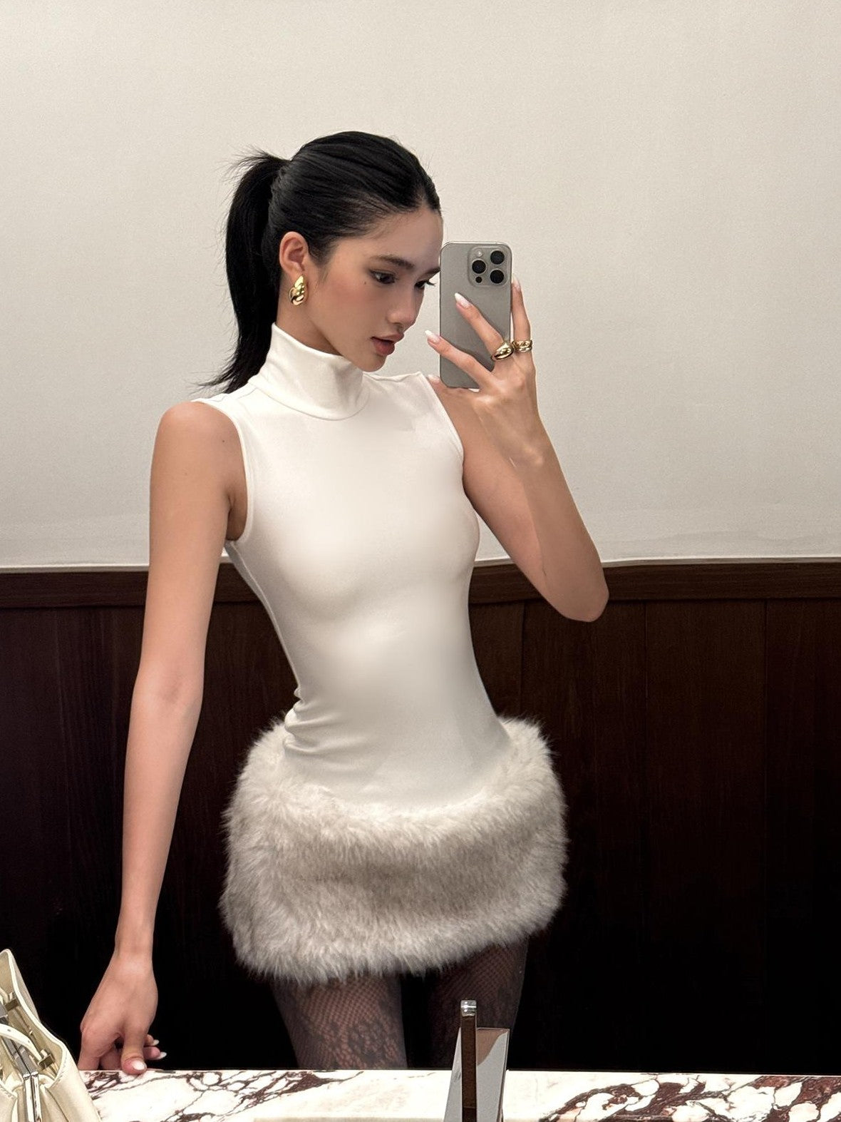 rovente White High Neck Sleeveless Knit Slim Fit Women's Bodycon Mini Dresses