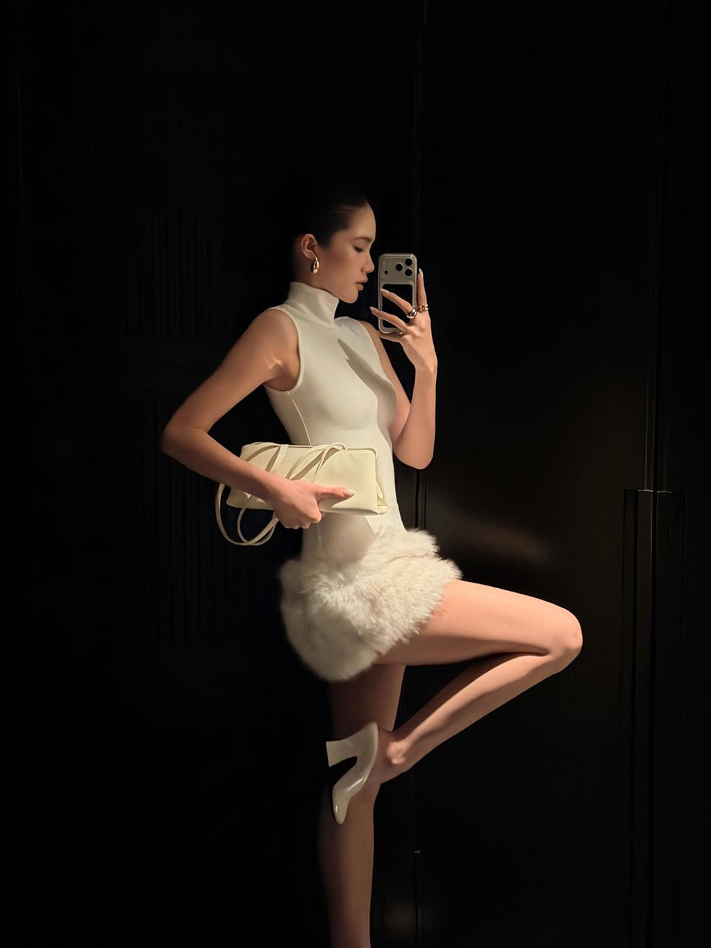 rovente White High Neck Sleeveless Knit Slim Fit Women's Bodycon Mini Dresses