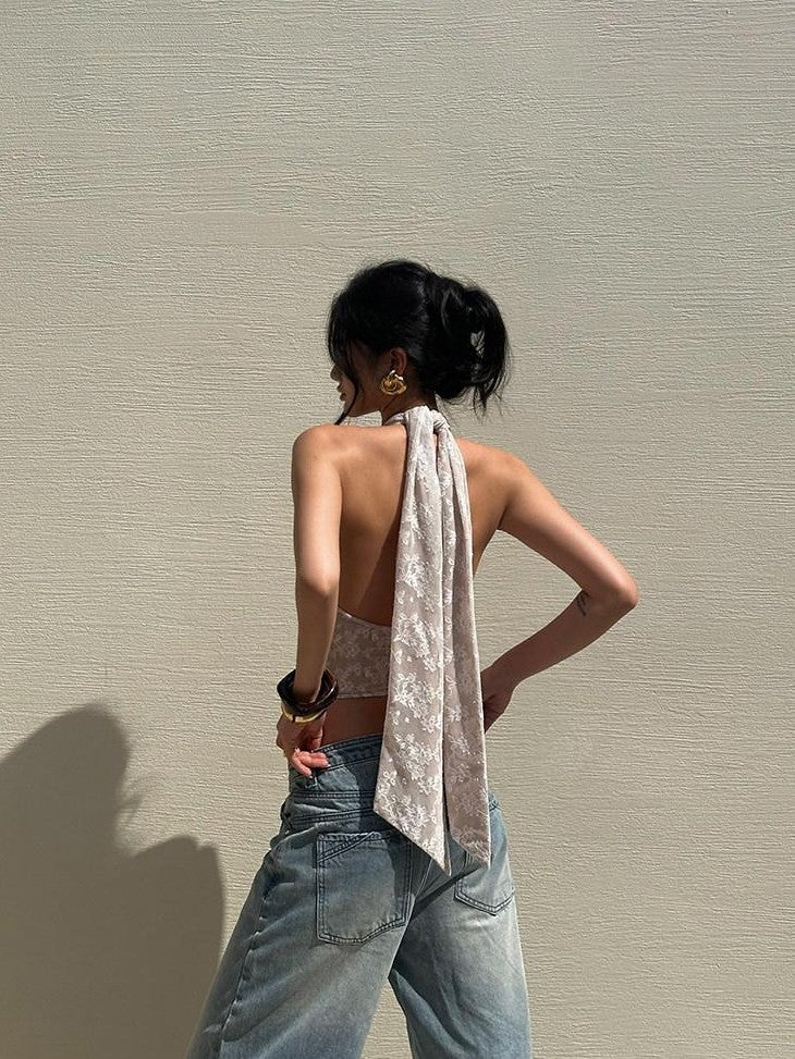 rovente White Lace Backless Boned Bustier Women's Nylon Stretch Halter Tops