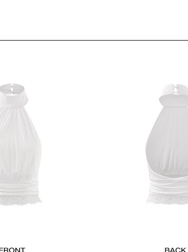 rovente White Lace Stand Collar Slim Cropped Women's Acetate High Stretch Halter Tops