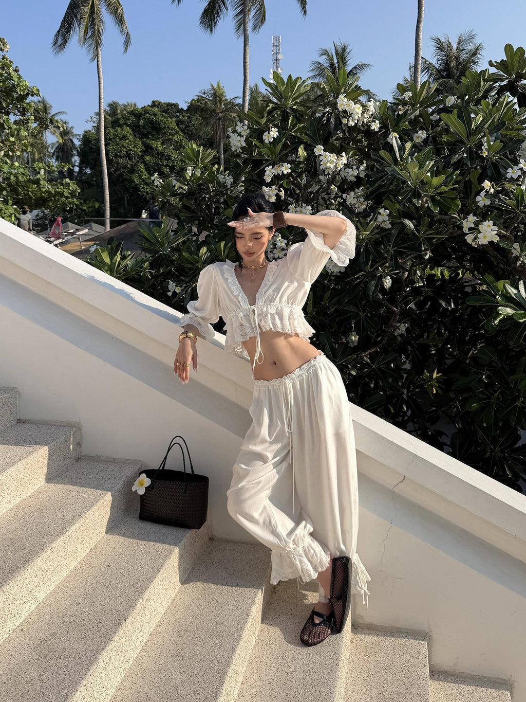 rovente White Lace Trim Ankle Tie Loose Fit Women's Lightweight Harem Pants