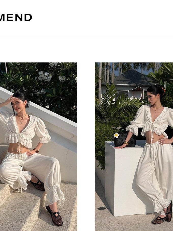 rovente White Lace Trim Ankle Tie Loose Fit Women's Lightweight Harem Pants