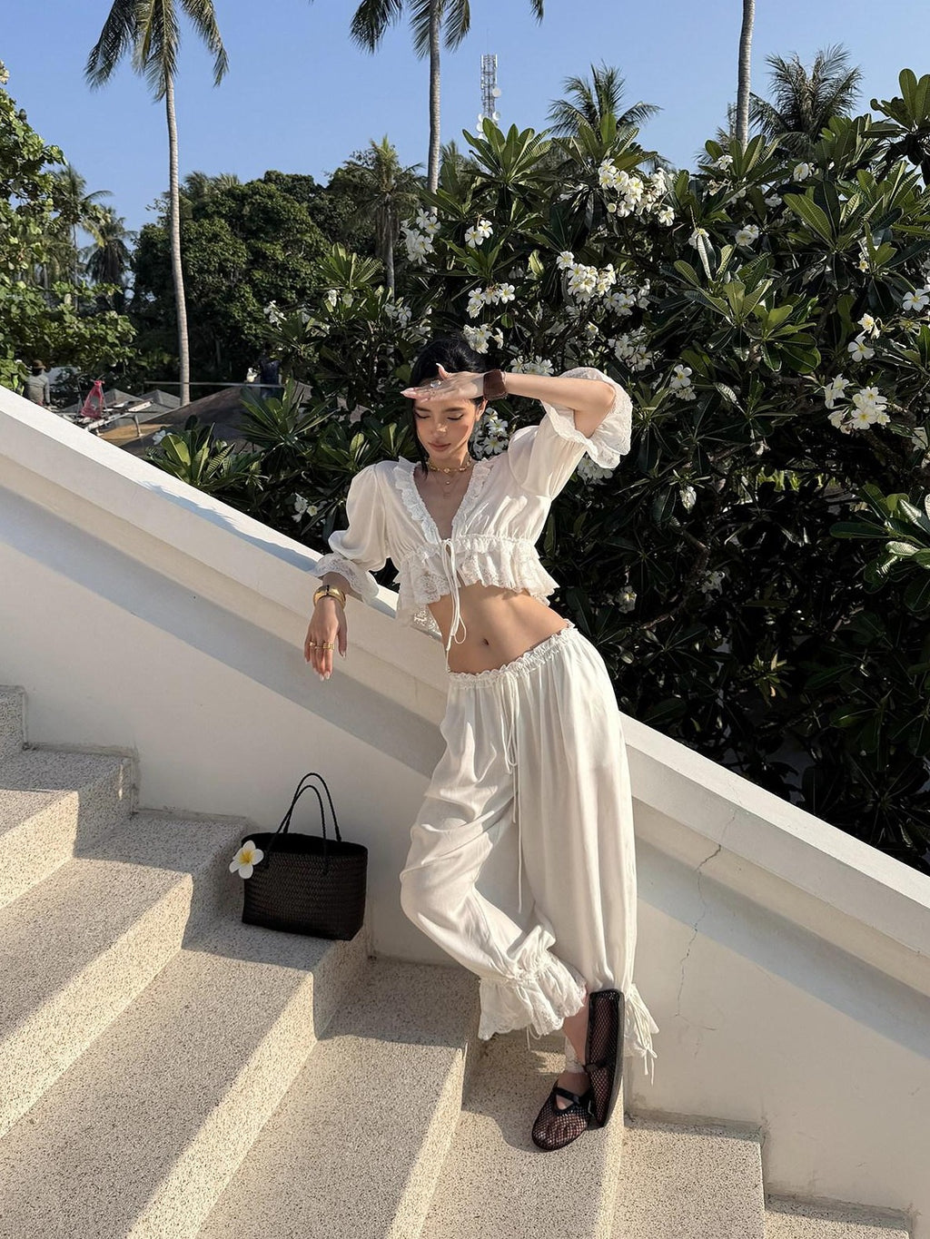 rovente White Lace Trim Ankle Tie Loose Fit Women's Lightweight Harem Pants