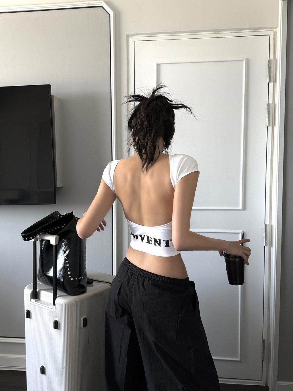 rovente White Letter Print Short Sleeve Slim Fit Backless Women's Cotton Blend Crop Tops