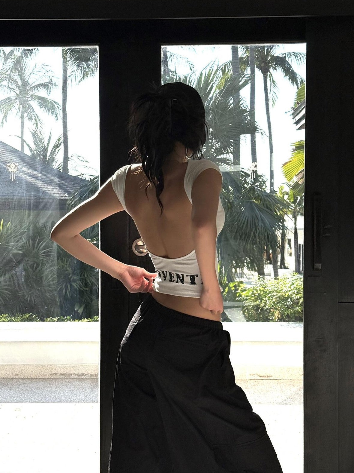rovente White Letter Print Short Sleeve Slim Fit Backless Women's Cotton Blend Crop Tops
