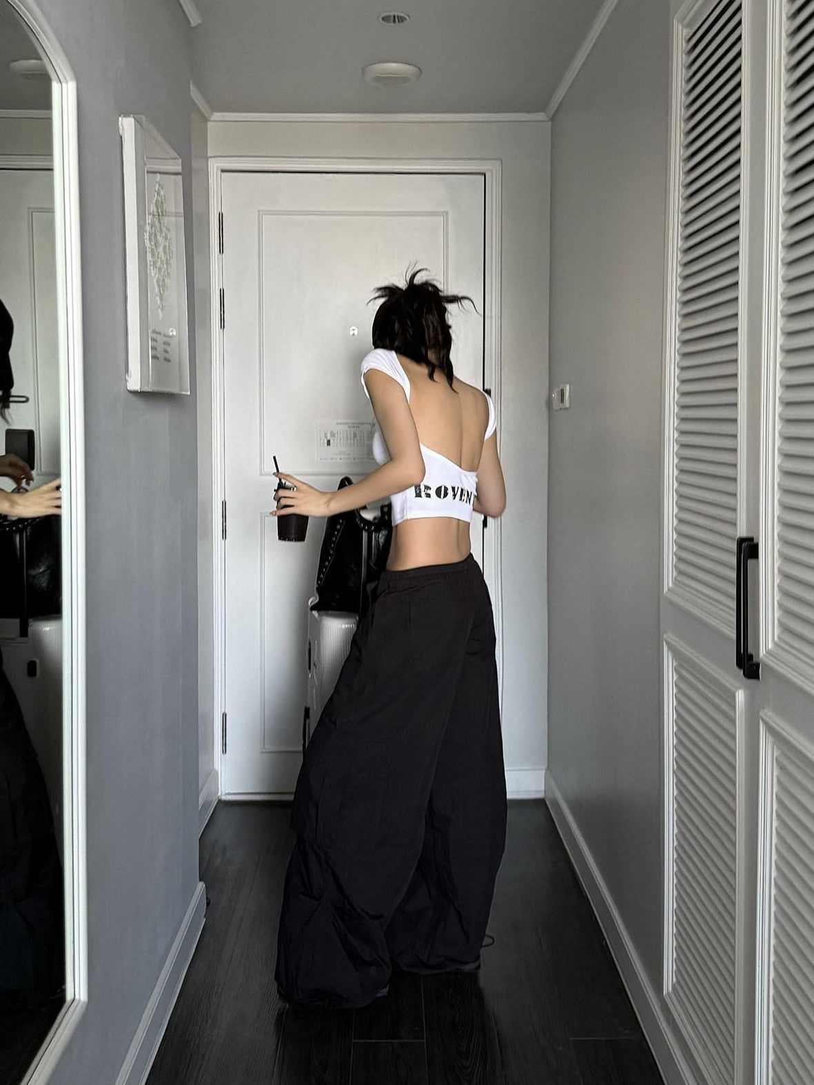 rovente White Letter Print Short Sleeve Slim Fit Backless Women's Cotton Blend Crop Tops