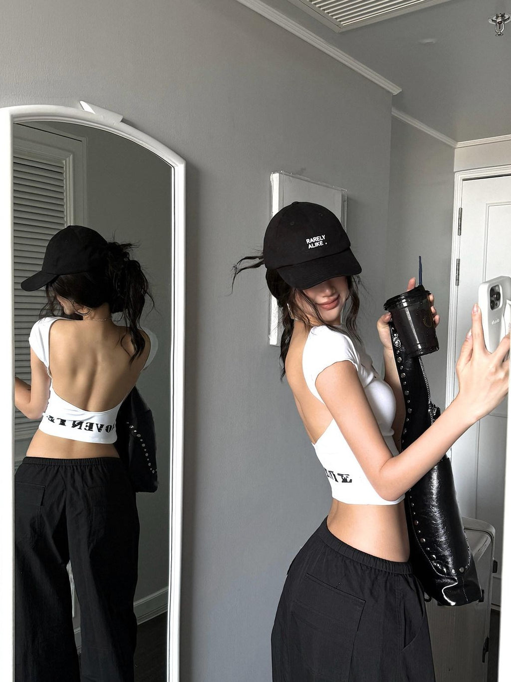 rovente White Letter Print Short Sleeve Slim Fit Backless Women's Cotton Blend Crop Tops