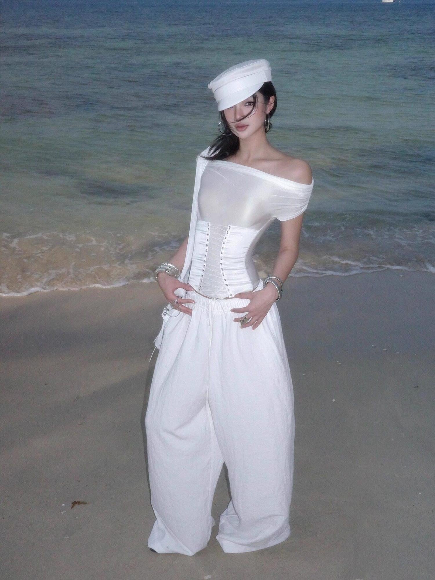 rovente White Lightweight Loose Low Waist Casual Women's Cotton Blend Wide-leg Pants