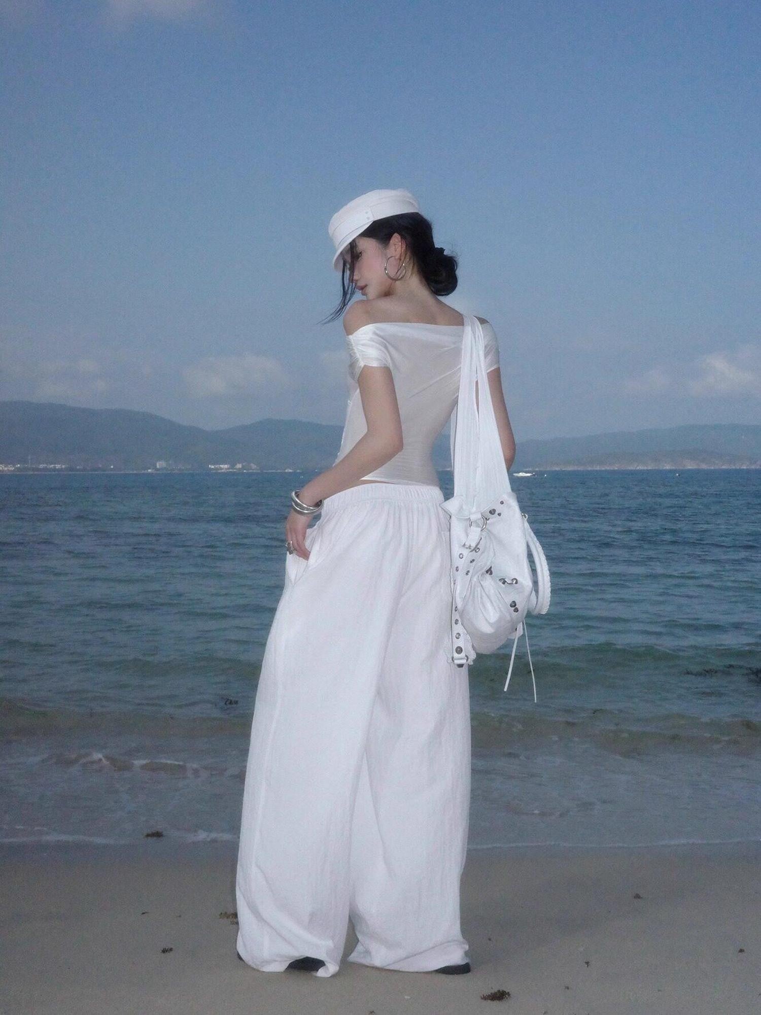 rovente White Lightweight Loose Low Waist Casual Women's Cotton Blend Wide-leg Pants