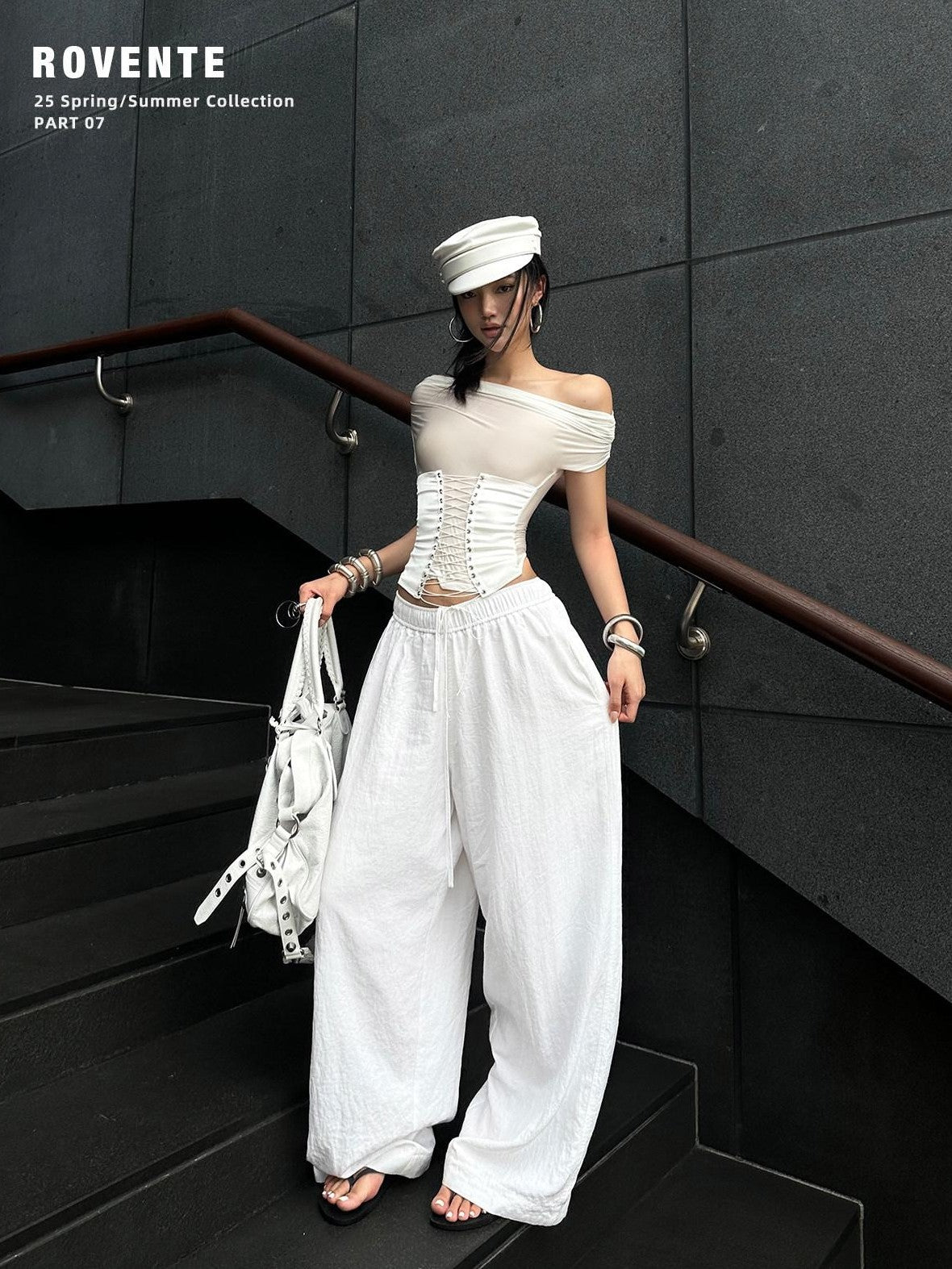 rovente White Lightweight Loose Low Waist Casual Women's Cotton Blend Wide-leg Pants