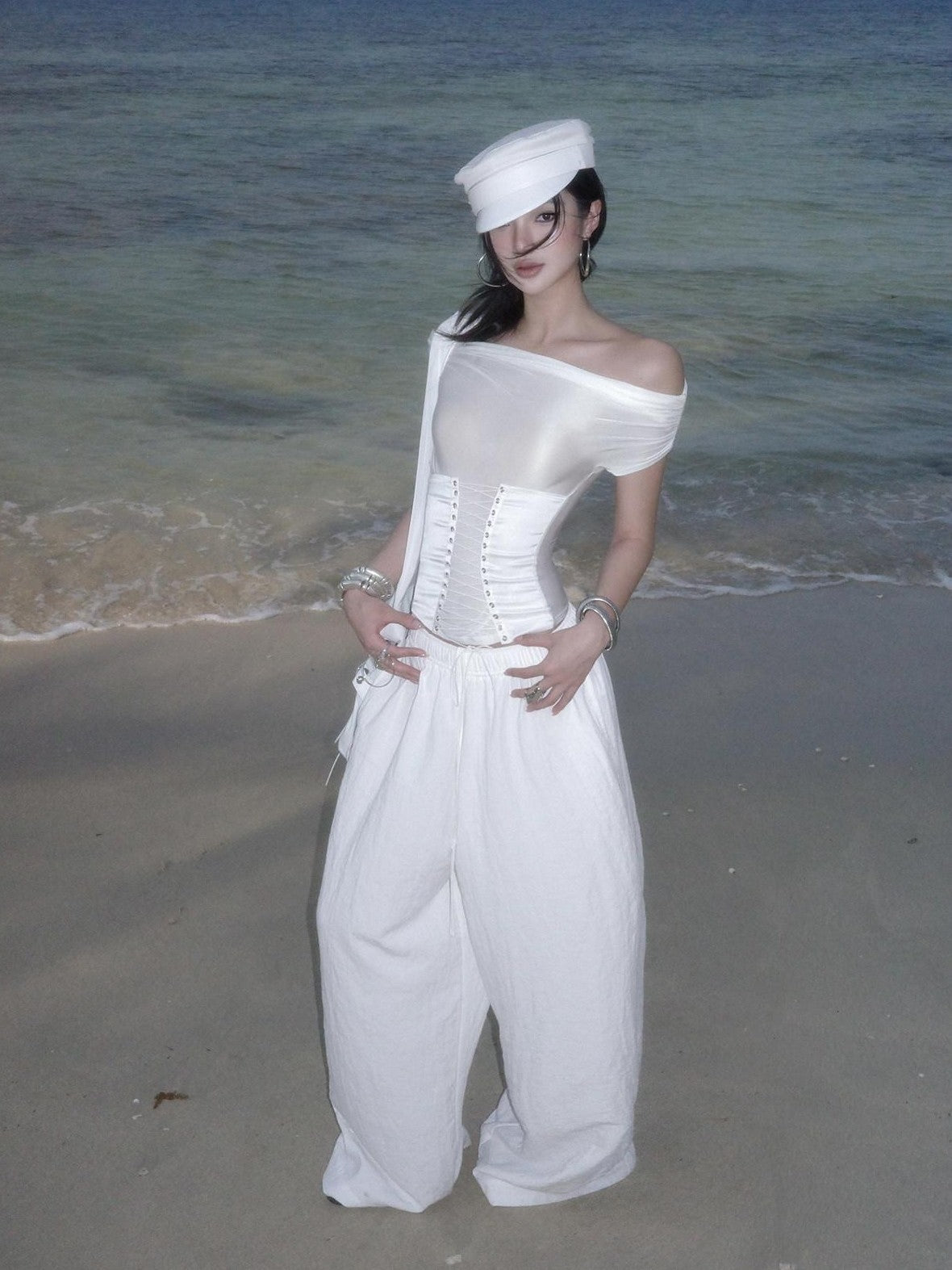 rovente White Lightweight Loose Low Waist Casual Women's Cotton Blend Wide-leg Pants