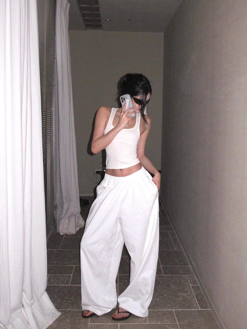 rovente White Minimalist Drapey Floor Length Women's Cotton Blend Wide-leg Pants