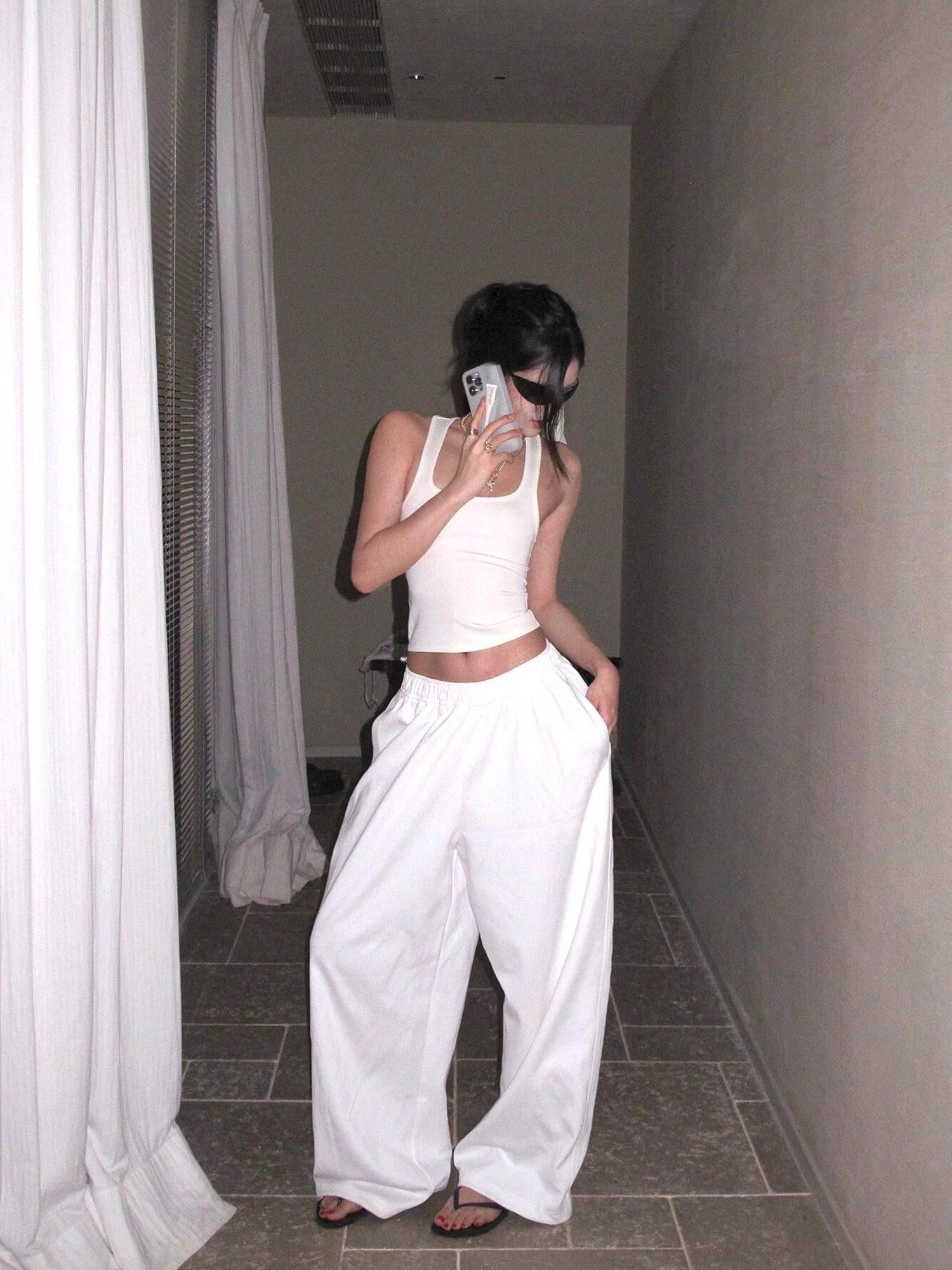 rovente White Minimalist Drapey Floor Length Women's Cotton Blend Wide-leg Pants