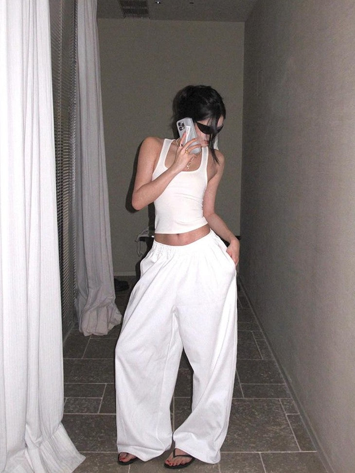 rovente White Minimalist Drapey Floor Length Women's Cotton Blend Wide-leg Pants