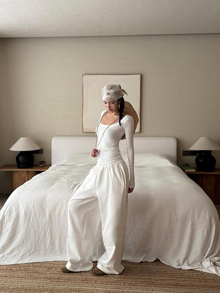 rovente White Minimalist Drapey Floor Length Women's Cotton Blend Wide-leg Pants