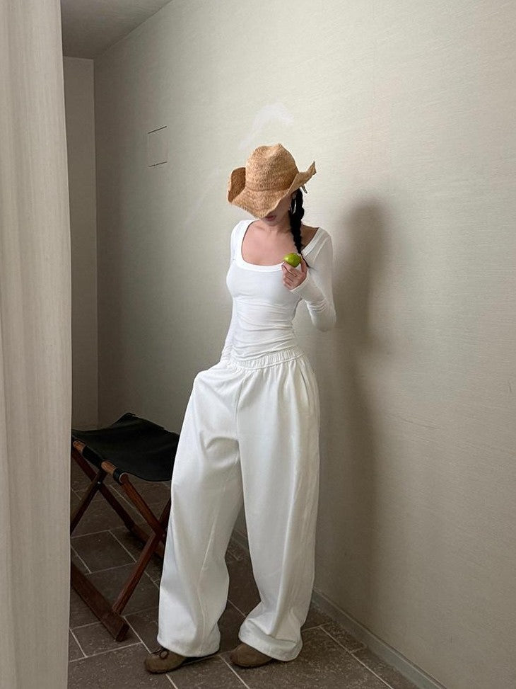 rovente White Minimalist Drapey Floor Length Women's Cotton Blend Wide-leg Pants