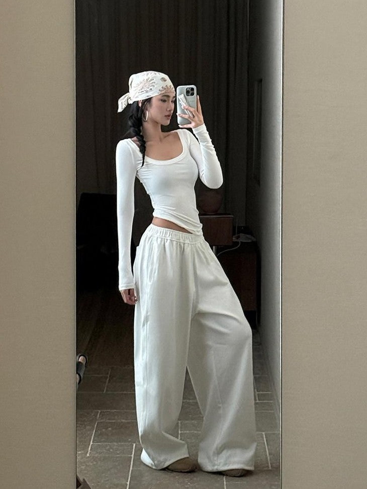 rovente White Minimalist Drapey Floor Length Women's Cotton Blend Wide-leg Pants