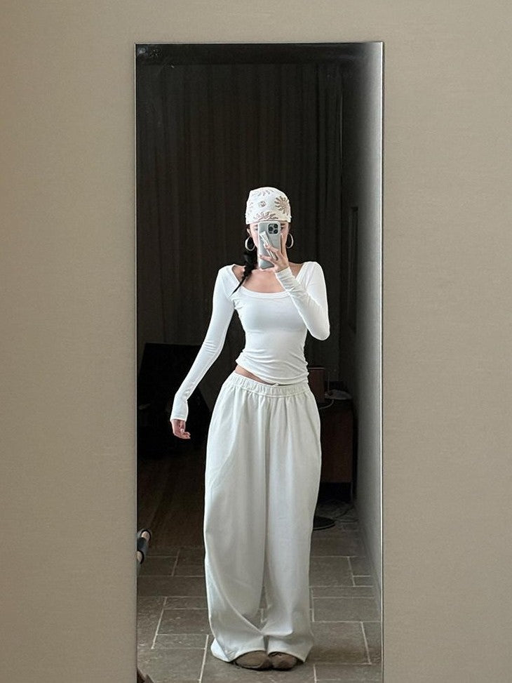 rovente White Minimalist Drapey Floor Length Women's Cotton Blend Wide-leg Pants