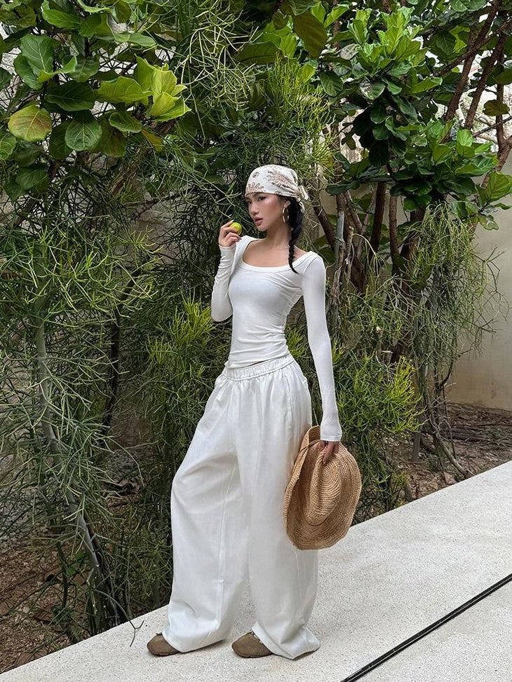 rovente White Minimalist Drapey Floor Length Women's Cotton Blend Wide-leg Pants