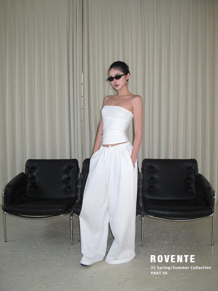 rovente White Minimalist Drapey Floor Length Women's Cotton Blend Wide-leg Pants